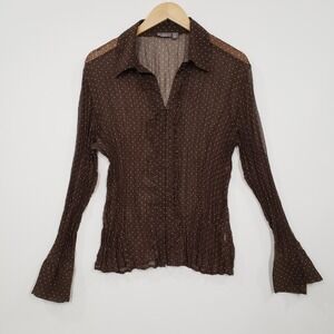 Apt 9 Brown Polka Dot Sheer Crinkle Ruffle Blouse XL Long Sleeve Button Up Y2K